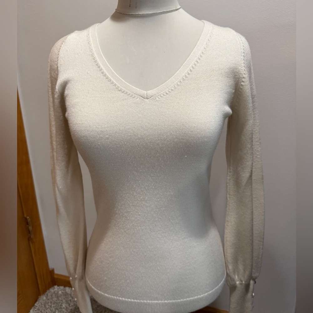 Ann Taylor V-neck sweater with pearls on cuff